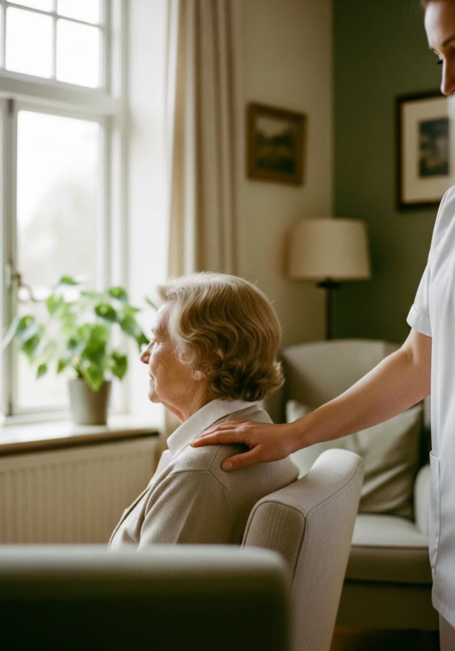 Infirmière AEKINFI accompagnant une patiente âgée à domicile